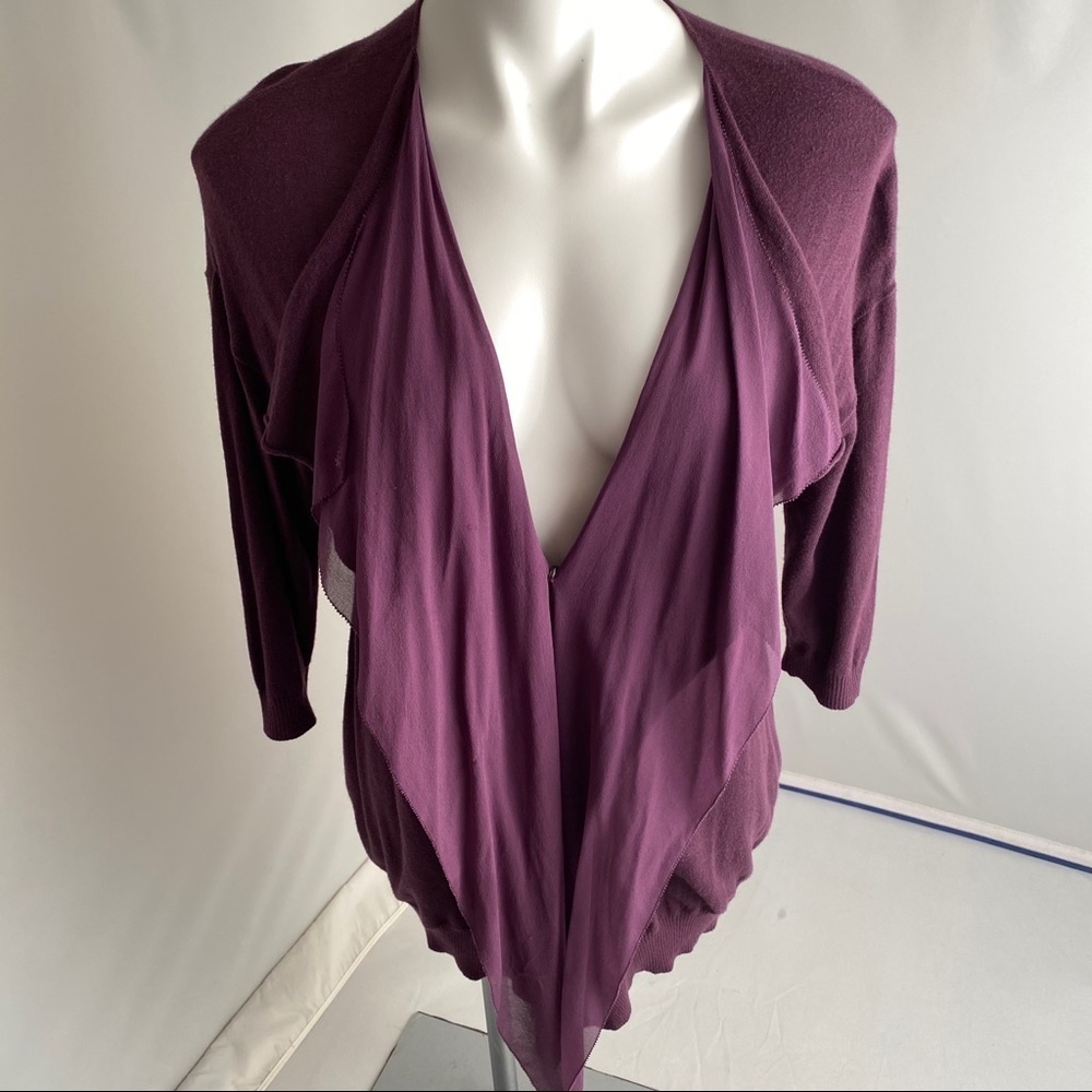 Hinge purple silk drape front cardigan M